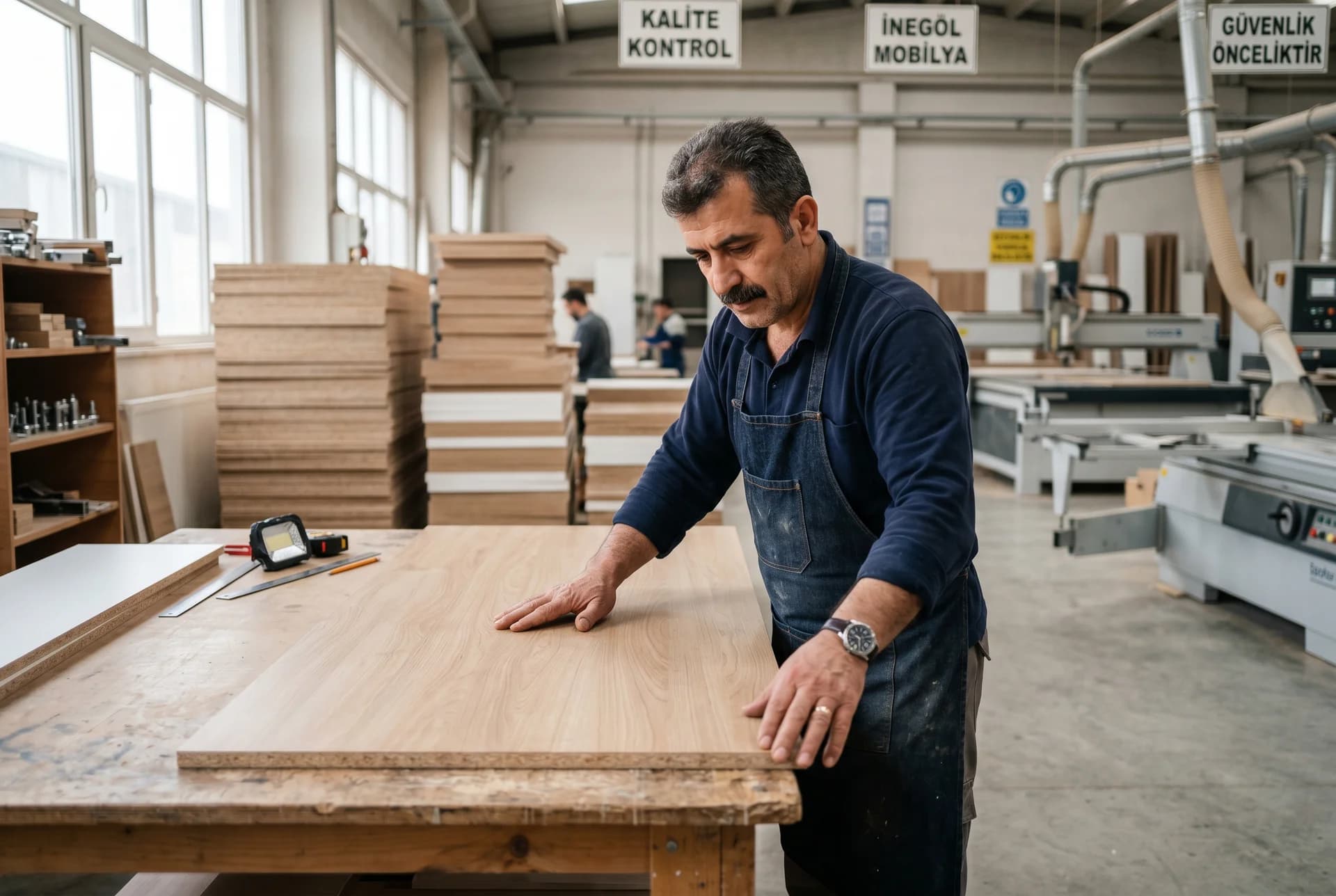 Atelier de menuiserie à Inegöl — contrôle qualité sur panneau MDF